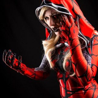 Mega5 Cosplay as a Carnage/Spider Gwen mashup. Photo taken by Mark Pariani Productions